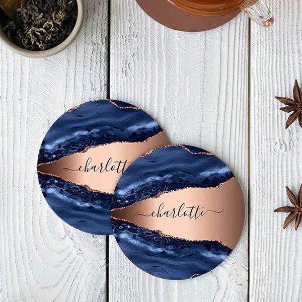 Blue Agate Marble Rose Gold Name Script Customized Photo Printed Circle Tea & Coffee Coasters