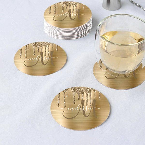 Chic Gold Dripping Glitter Brushed Monogram Customized Photo Printed Circle Tea & Coffee Coasters