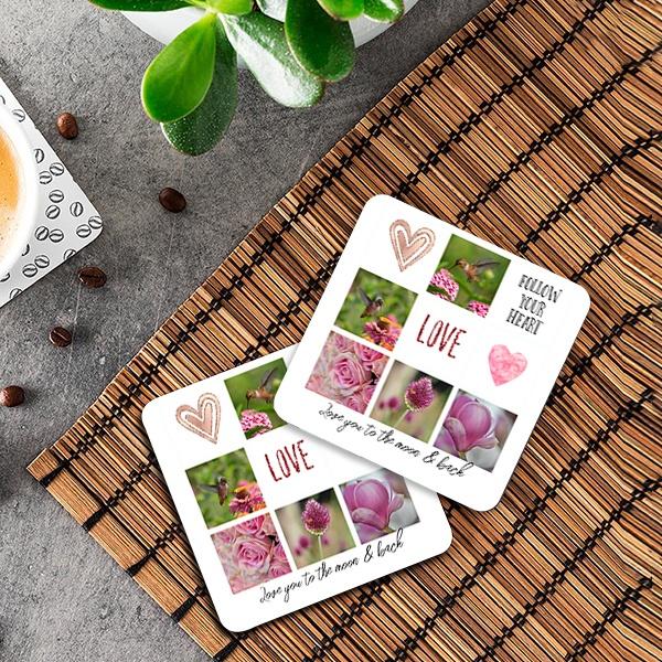 Text Tea Coaster Buy Text and Photo Collage Love Pink Glass Coaster Customized Photo ...