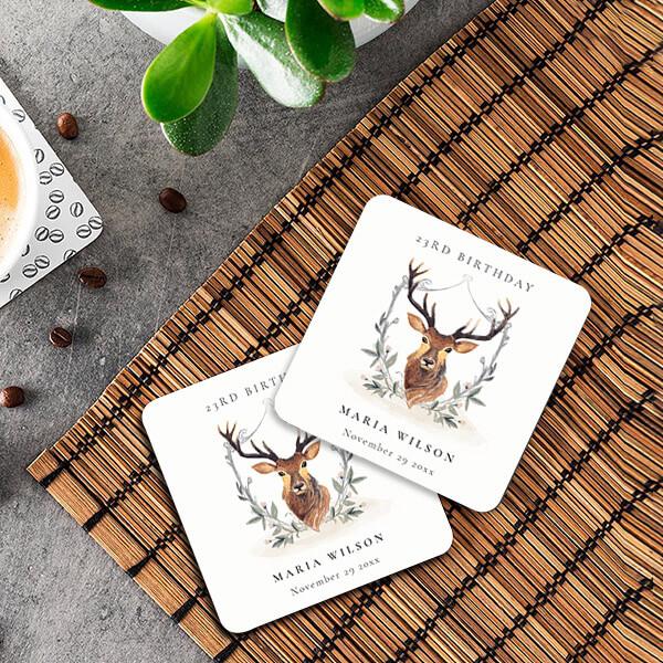 Elegant Cute Dusky Deer Floral for Birthday Customized Photo Printed Tea & Coffee Coasters