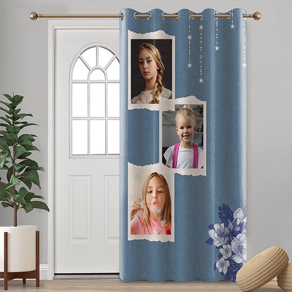Blue Floral Design Customized Photo Printed Curtain