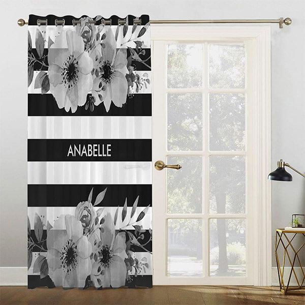Black and White Floral Stripes Customized Photo Printed Curtain