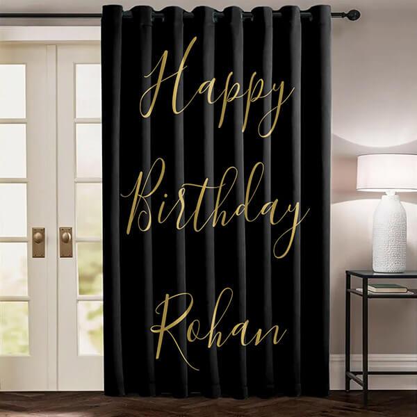 Gold Black Happy Birthday Design Customized Photo Printed Curtain