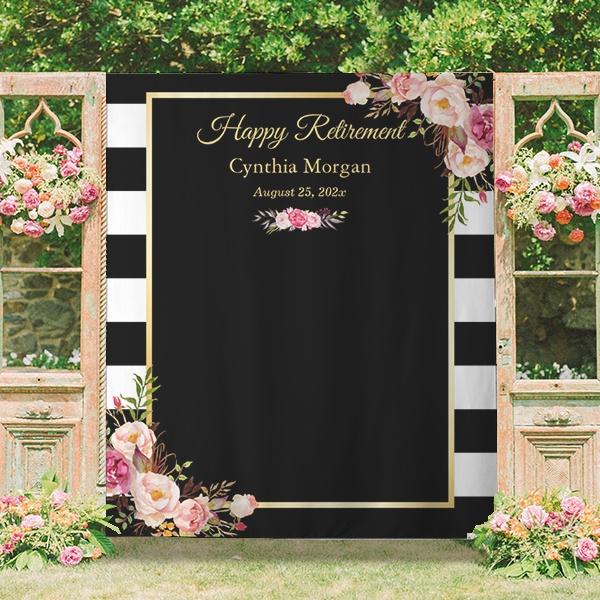 Retirement Program Sample Backdrop Buy Happy Retirement Black & White Stripes Floral Customized Vinyl Flex ...