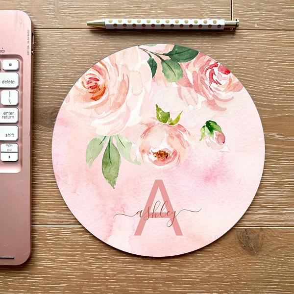 Blush Pink Rose Floral Watercolor Design Customized Printed Circle Mousepad Photo Mouse Pad