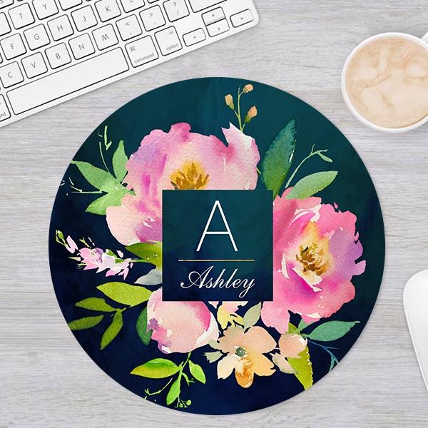 Blush Pink and Navy Floral Design Customized Printed Circle Mousepad Photo Mouse Pad