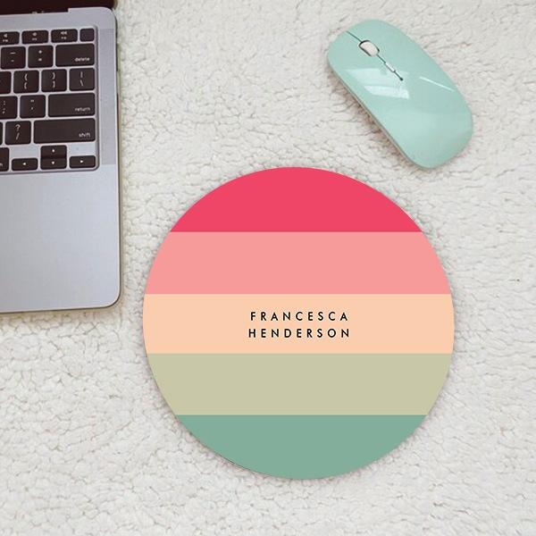 Colorblock Horizontal Stripe Pink & Green Monogram Customized Printed Circle Mousepad Photo Mouse Pad