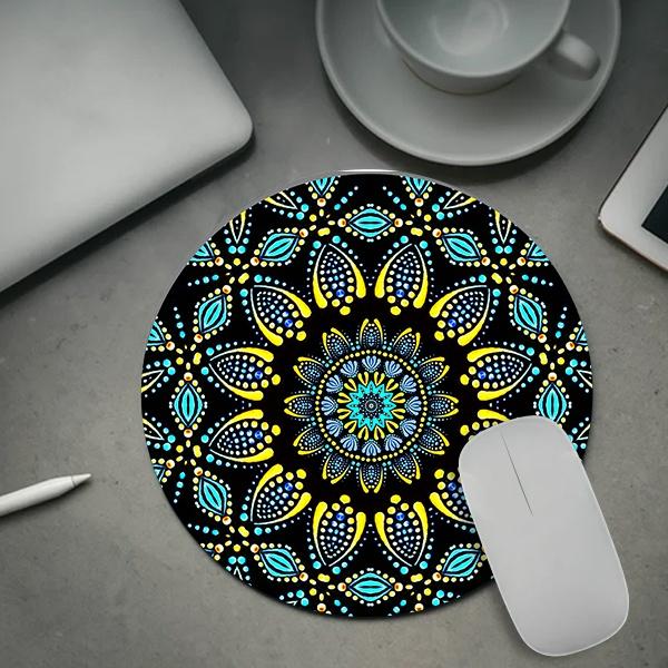 Elegant Aqua and Yellow Seashells Mandala Pattern Customized Printed Circle Mousepad Photo Mouse Pad