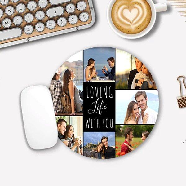 Black 7 Photo Collage Loving Life with You Customized Printed Circle Mousepad Photo Mouse Pad