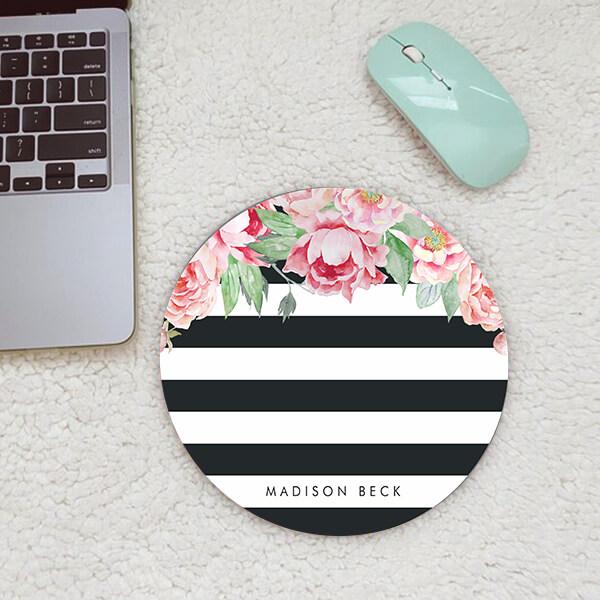 Antique Pink Peony & Charcoal Stripe Customized Printed Circle Mousepad Photo Mouse Pad