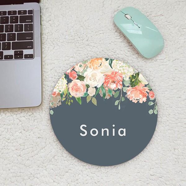 Pink and Grey Watercolor Floral Customized Printed Circle Mousepad Photo Mouse Pad