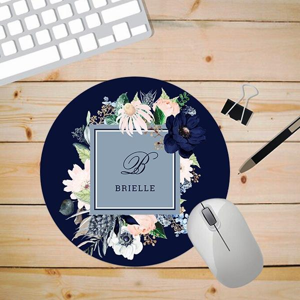 Navy Blue and Blush Floral Design Customized Printed Circle Mousepad Photo Mouse Pad
