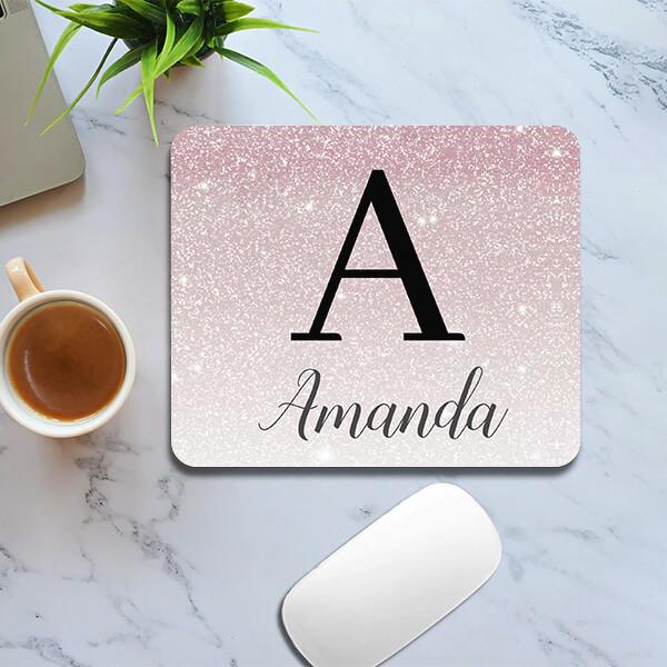 Pink Glitter Initial Name Monogram Customized Printed Rectangle Mousepad Photo Mouse Pad