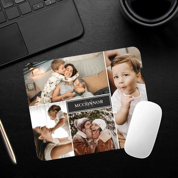 Matte Black Modern 4 Photo Collage Customized Printed Rectangle Mousepad Photo Mouse Pad
