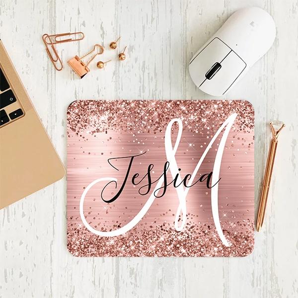Glittery Rose Gold Foil Black and White Monogram Customized Printed Rectangle Mousepad Photo Mouse Pad
