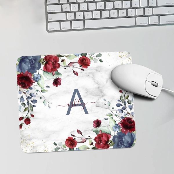 Dusty Blue Burgundy Floral Marble Name Monogram Customized Printed Rectangle Mousepad Photo Mouse Pad