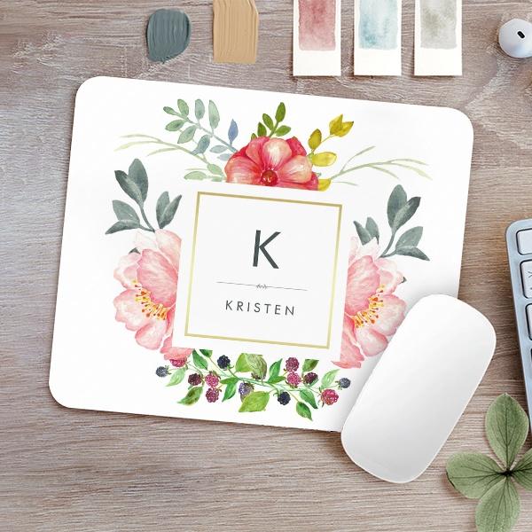 Trendy Watercolor Flowers Monogram Customized Printed Rectangle Mousepad Photo Mouse Pad