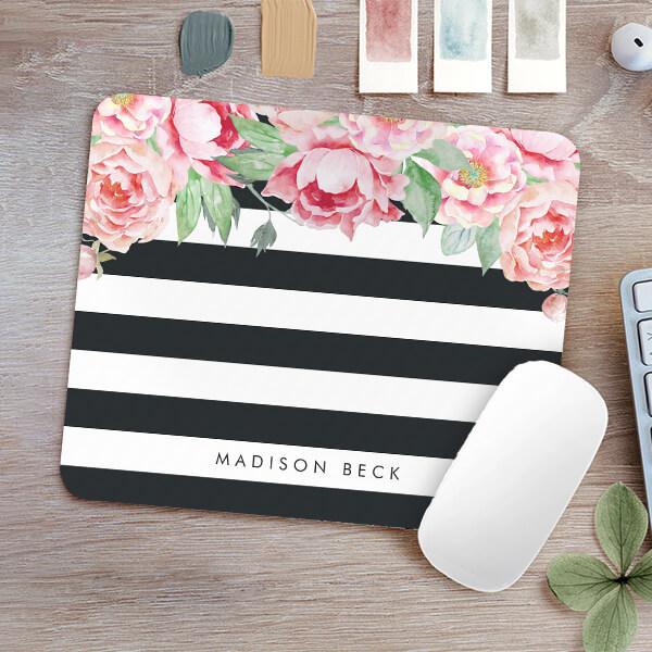 Antique Pink Peony & Charcoal Stripe Customized Printed Rectangle Mousepad Photo Mouse Pad