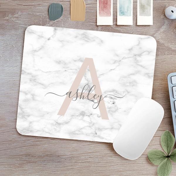 Chic Blush Pink White Marble Script Name Monogram Customized Printed Rectangle Mousepad Photo Mouse Pad