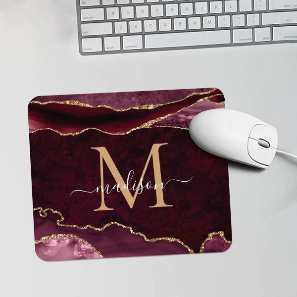 Burgundy Red Gold Abstract Monogram Customized Printed Rectangle Mousepad Photo Mouse Pad