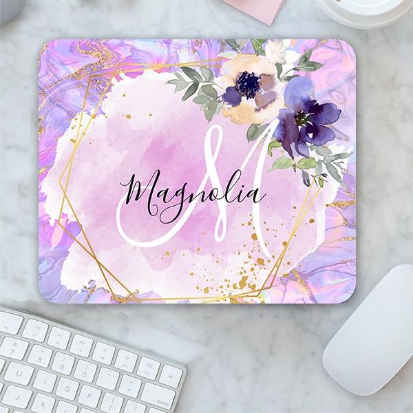 Floral Purple, Pink & Gold Rainbow Marble Monogram Customized Printed Rectangle Mousepad Photo Mouse Pad