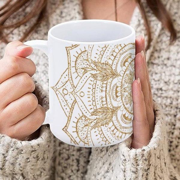 Elegant White & Gold Mandala Hand Drawn Customized Photo Printed Coffee Mug