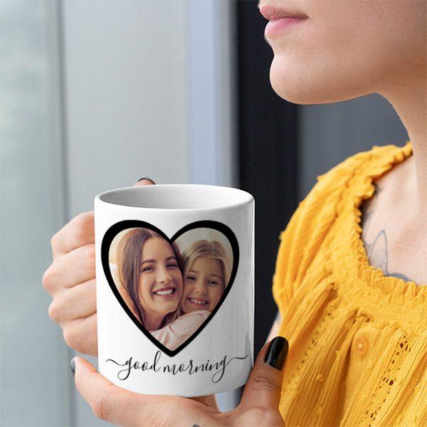 Good Morning Mom 2 Heart Photo Customized Photo Printed Coffee Mug