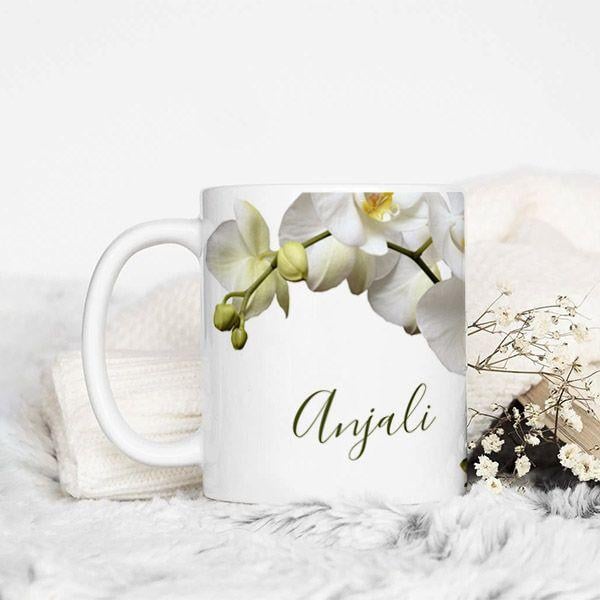 White Orchids Name Template Elegant Customized Photo Printed Coffee Mug