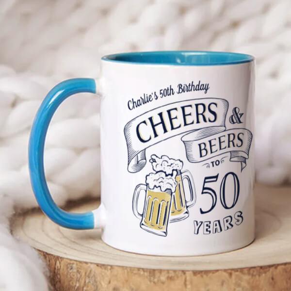 Blue Typography Cheers And Beers Birthday Design Customized Photo Printed Coffee Mug