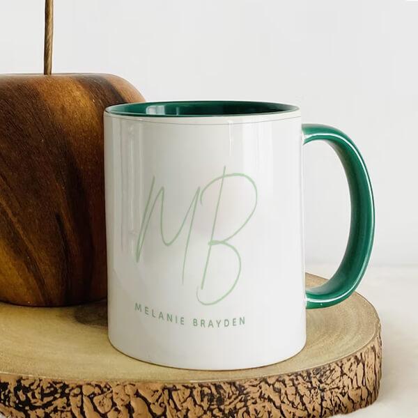 Green Minimalist Monogram Customized Photo Printed Coffee Mug