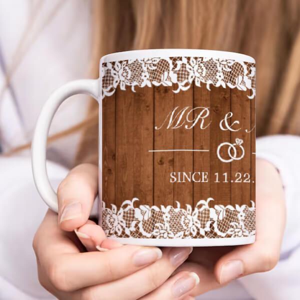 Rustic Wood & White Lace Mr and Mrs Anniversary Customized Photo Printed Coffee Mug