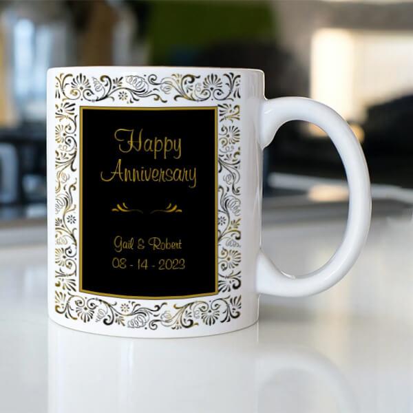 Happy Anniversary Black Gold White Customized Photo Printed Coffee Mug