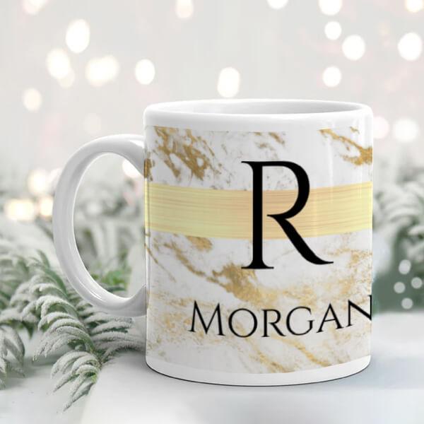 White & Gold Marble Monogram Design Customized Photo Printed Coffee Mug
