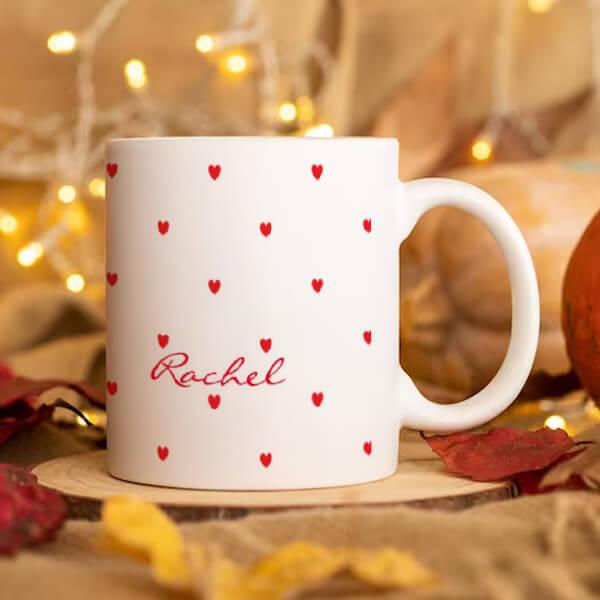 Cute Red Doodle Hearts White Classy Monogram Customized Photo Printed Coffee Mug