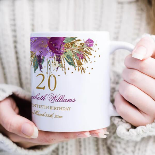 Floral Glitter Sparkling 20th Birthday Customized Photo Printed Coffee Mug