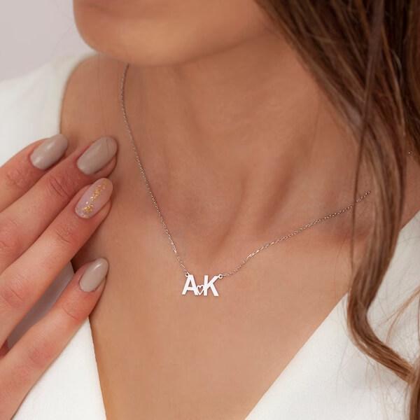 Double Initial with Heart Customized Name Necklace Pendants