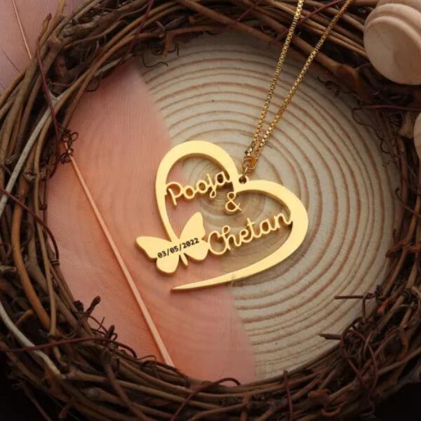 Couple Name with Heart in Butterfly Design Customized Name Necklace Pendants