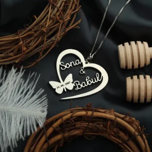 Couple Name with Heart in Butterfly Design Customized Name Necklace Pendants