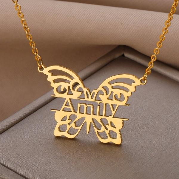 Butterfly Gold Color Customized Name Necklace Pendants