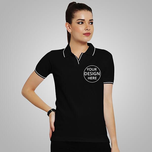 Black Half Sleeves Women's Polo Collar Cotton T-Shirt
