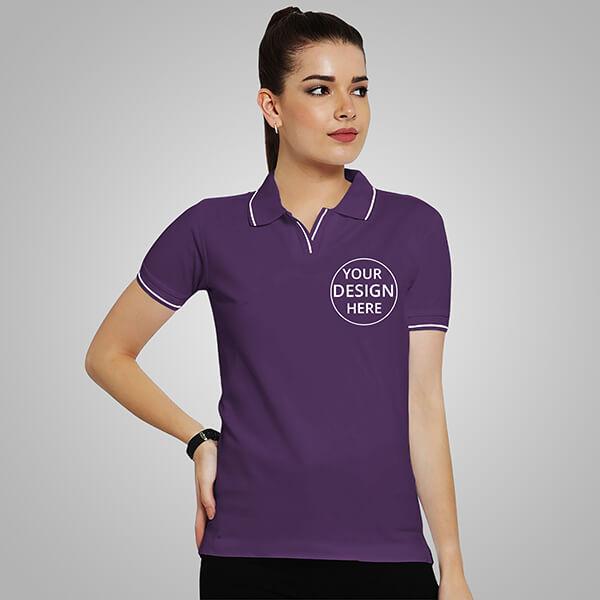 Purple Half Sleeves Women's Polo Collar Cotton T-Shirt