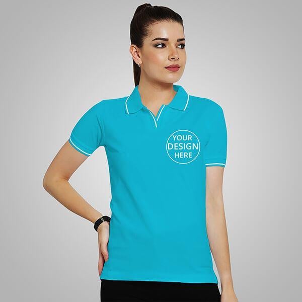 Turquoise Green Half Sleeves Women's Polo Collar Cotton T-Shirt
