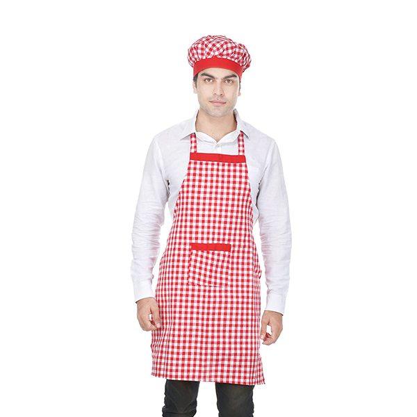 Red White Customized Chef's Apron With Cap For Home, Hotel And Restaurant