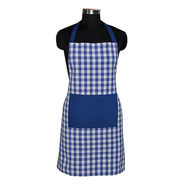 Blue Check Customized 100% Cotton Designer Yarn-Dyed Apron, 1 Center Pocket, Adjustable Buckle on Top and 2 Long Ties on Both Sides (Size - 65cm Width 80cm Length)