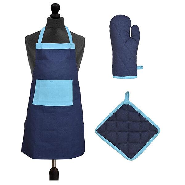Blue Customized Kitchen Apron with Pocket, 1 Pot Holder & 1 Glove