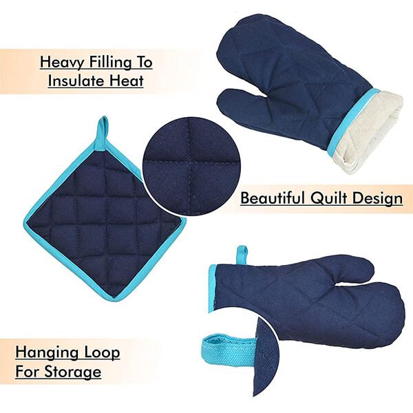 Blue Customized Kitchen Apron with Pocket, 1 Pot Holder & 1 Glove