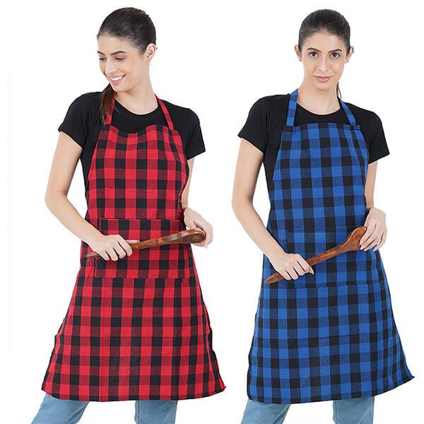 Red & Blue Customized Kitchen Unisex Apron with Front Centre Pocket