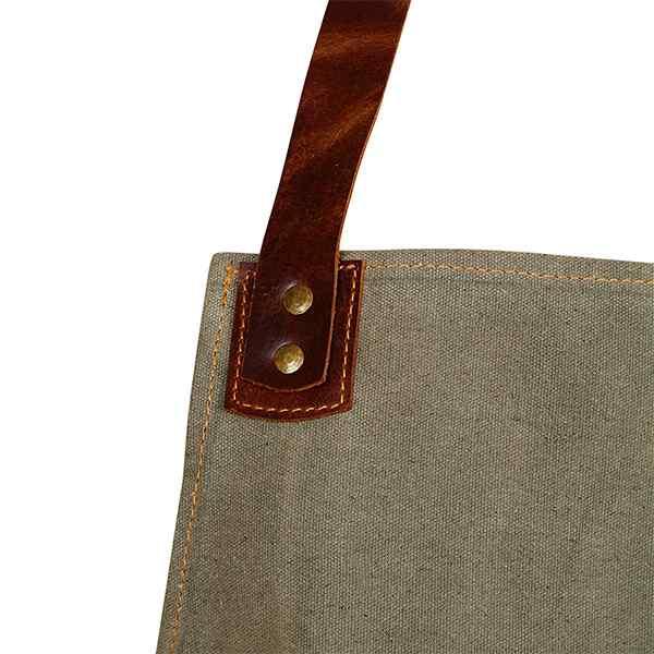 Brown Customized Canvas Leather Kitchen Apron with Leather Pocket, Handmade Adjustable Strap