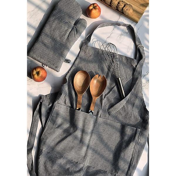 Grey Customized Cotton Apron with Front Center Pocket with Gloves