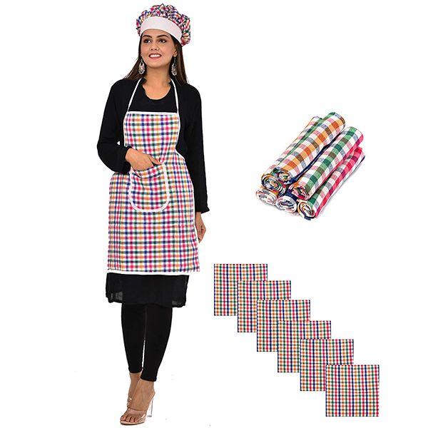 Multi Colour Customized 100% Cotton Waterproof Kitchen Apron Set With Front Pocket With Chef Cap And 6 Piece Kitchen Cloth